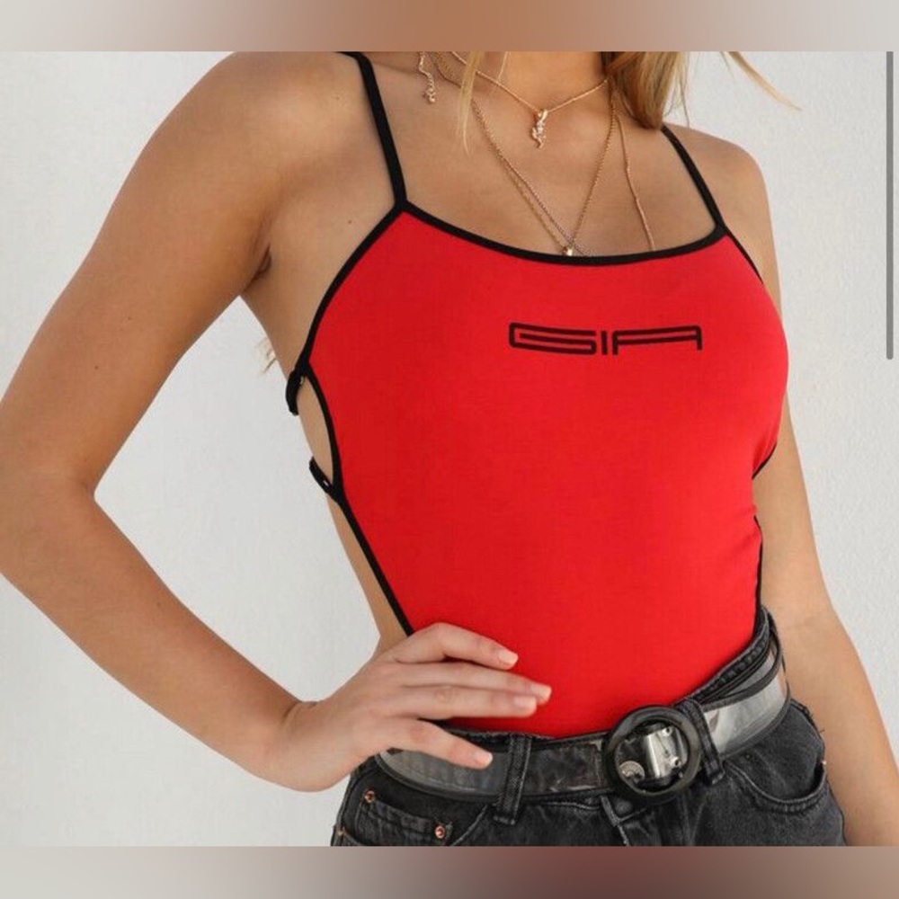 I.AM.GIA red open back strappy bodysuit